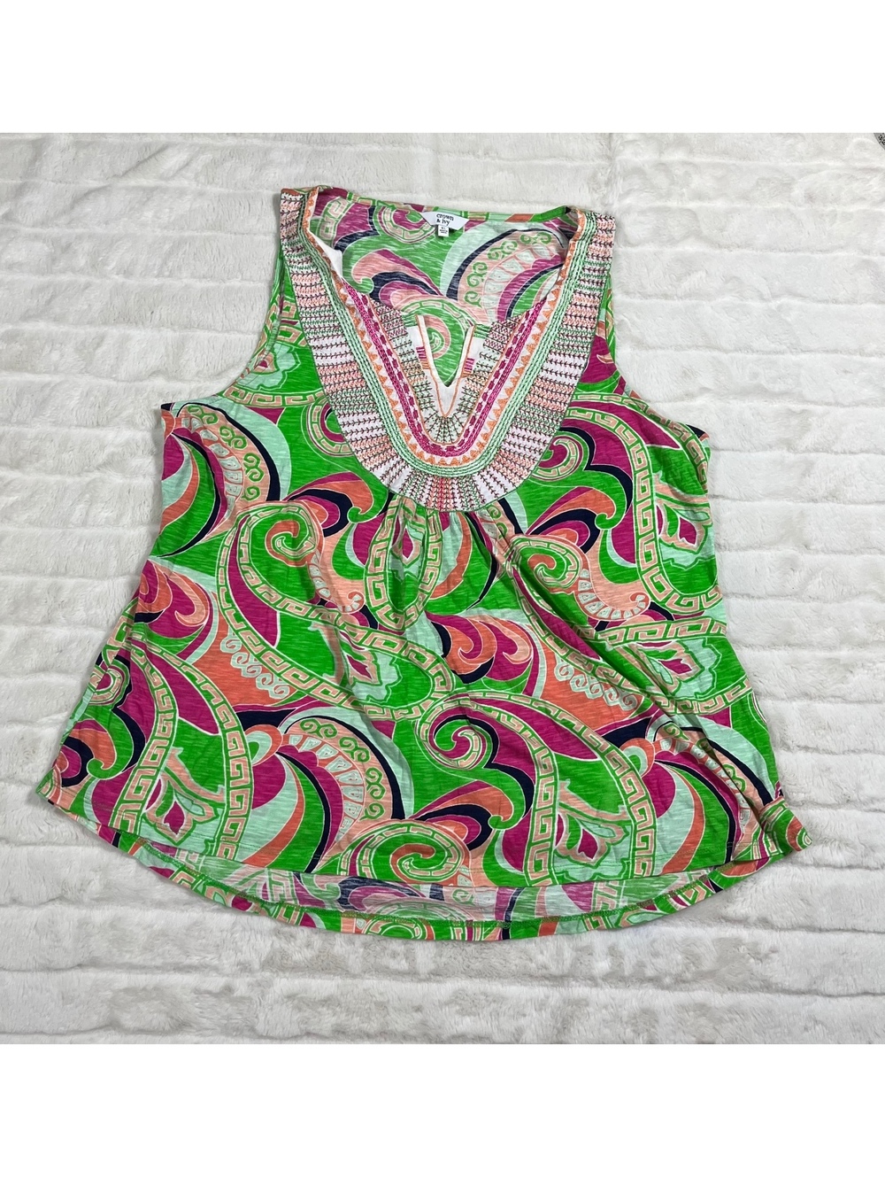 Crown & Ivy XL Green Pink Y2K Coded Embroidered Funky Retro Style Tank Colorful